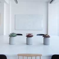 一位年轻编辑在会议室白板前整理流程图，白板上贴满彩色便签，室内灯光柔和